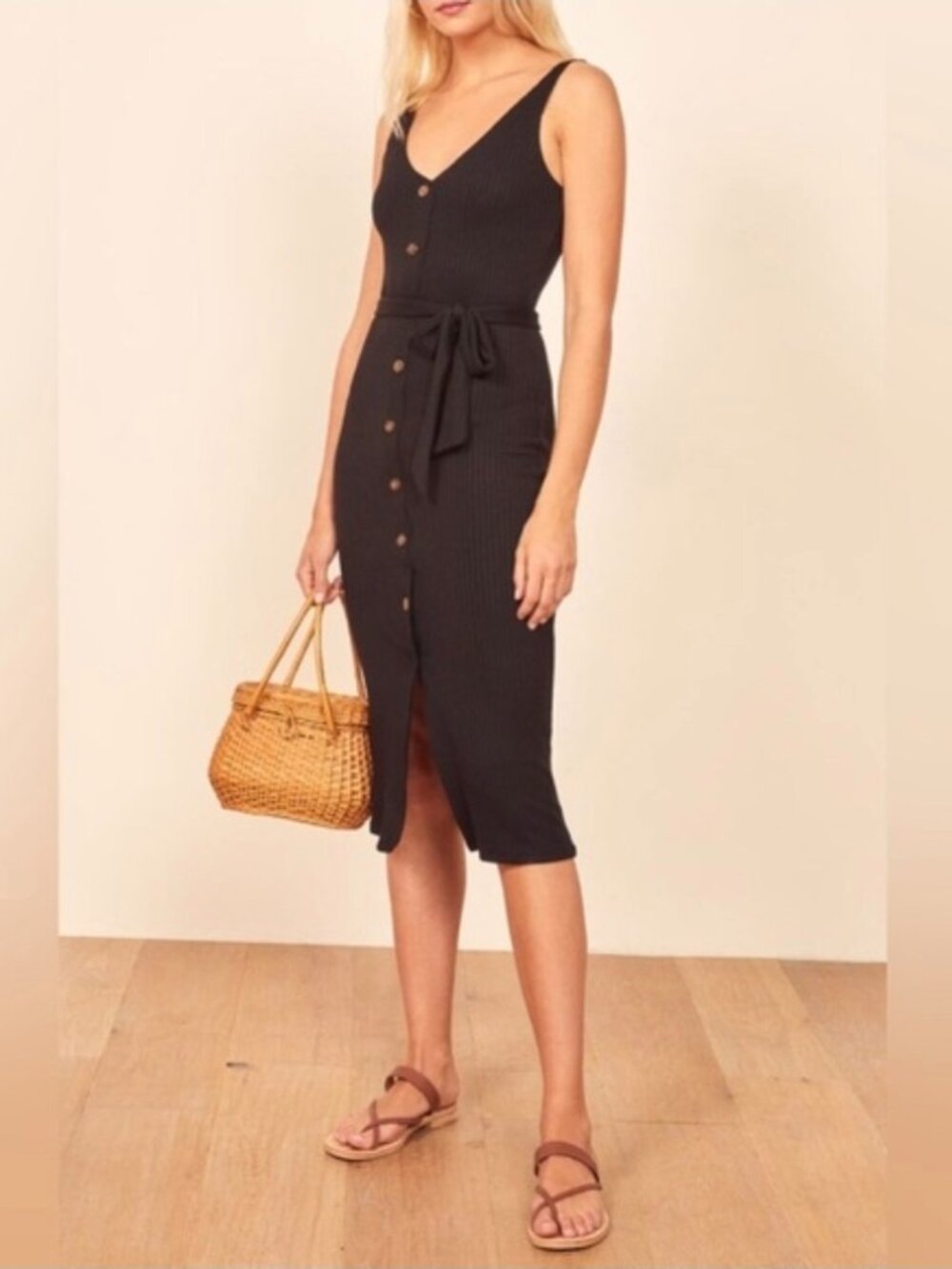 Reformation Mere Dress Black Rib Knit Size XS